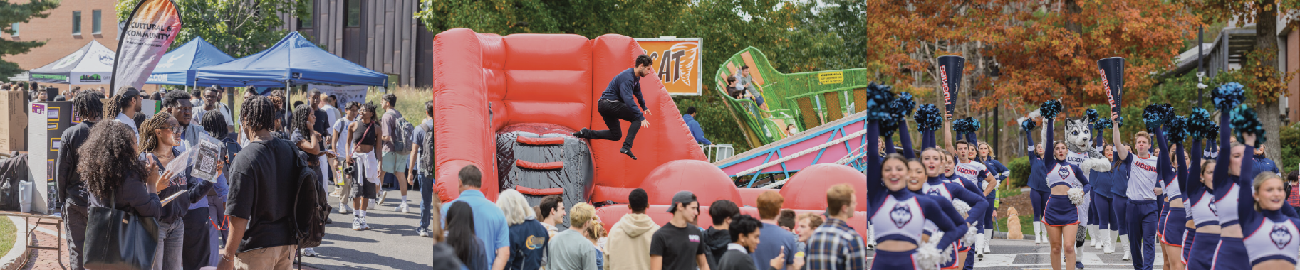 Students participating in on campus activities such as inflatable fun fest, involvement fair and homecoming parage. Cheer and dance team members are dressed in their UConn uniforms marching in the parade. Student organizations are set up on Fairfield Way for the involvement fair.